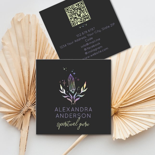 Holografisk Andlig Crystal Mystic Black QR-kod Fyrkantigt Visitkort (Holographic Spiritual Crystal Mystic Black QR Code Square Business Card)
