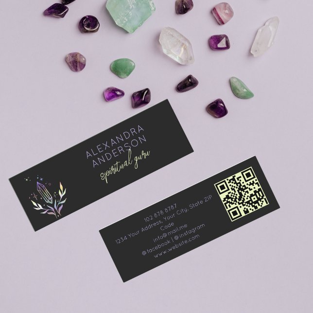 Holografisk Andlig Crystal Mystic Black QR-kod Mini Visitkort (Holographic Spiritual Crystal Mystic Black QR Code Mini Business Card)