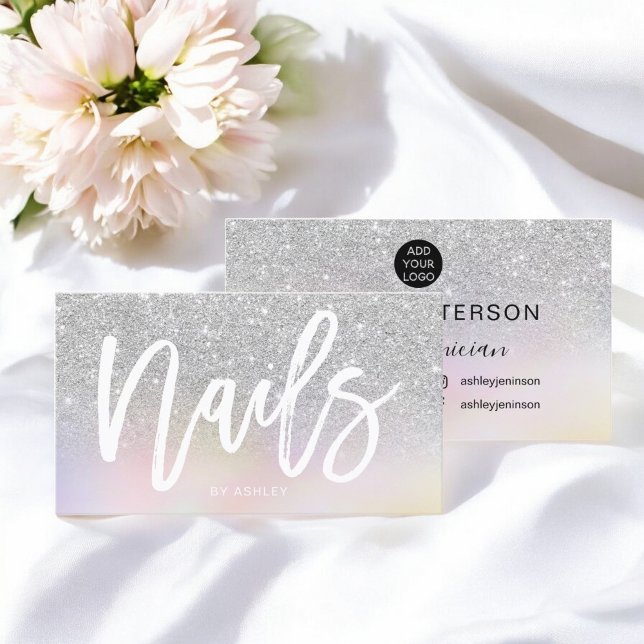 Holografisk bild av nagel-skript silver glitter ch visitkort (Nails script silver glitter chic holographic business card)