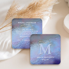 Holografisk blå Lila Modern Monogram-Elegant Fyrkantigt Visitkort