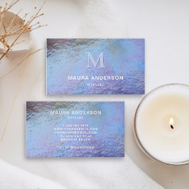 Holografisk blå Lila Modern Monogram-Elegant Visitkort