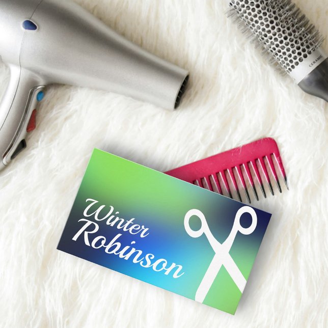 Holografisk blåfärgad grönt turkos hårstylist visitkort (Hologram gradient design for hairstylist salon business card )