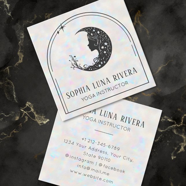Holografisk Boho Arch Celestial Crescent Måne Yoga Fyrkantigt Visitkort (Holographic Boho Arch Celestial Crescent Moon Yoga Square Business Card)