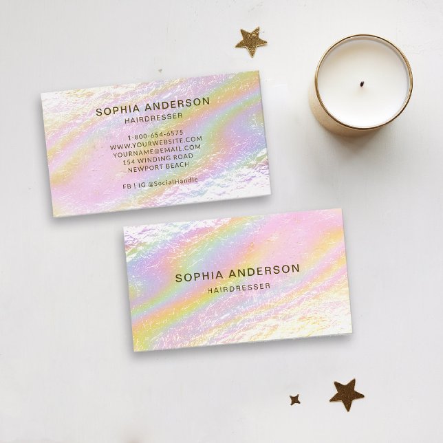 Holografisk borstad Rosa Modern Minimalist Elegant Visitkort (holographic business card pink rainbow modern hairdresser stylist coach content creator photographer)