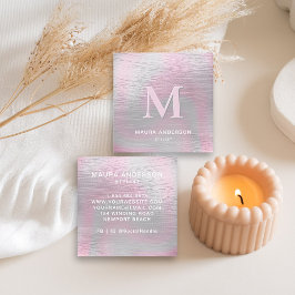 Holografisk borstad Rosa Modern Monogram-Elegant Fyrkantigt Visitkort