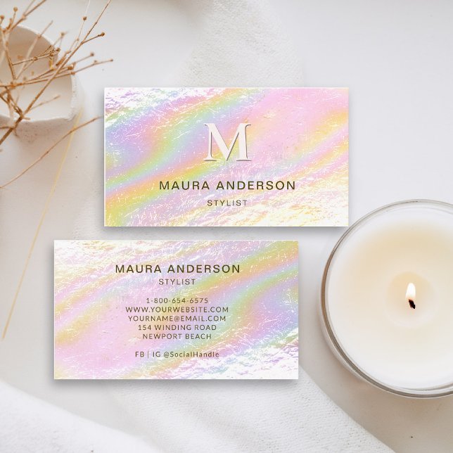 Holografisk borstad Rosa Modern Monogram-Elegant Visitkort (holographic business card pink rainbow modern hairdresser stylist coach content creator lash nails)