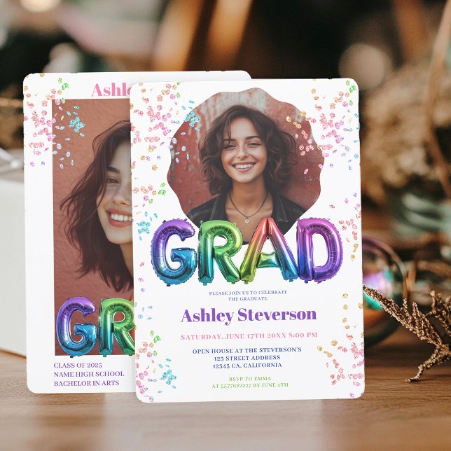 Holografisk bubbla med foton från Studenten 2 Inbjudningar (Holographic Balloon Lettering Graduation 2 Photos Invitation)