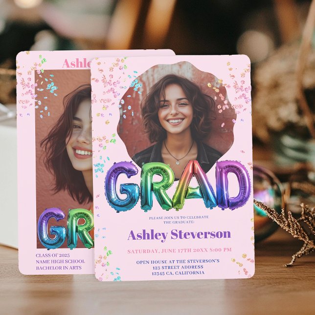 Holografisk bubbla med foton från Studenten 2 Inbjudningar (Holographic Balloon Lettering Graduation 2 Photos Invitation)