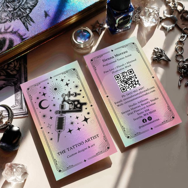 Holografisk Celestial Tarot Tatuering konstnär QR Visitkort (Holographic Celestial Tarot Tattoo artist QR Business Card)
