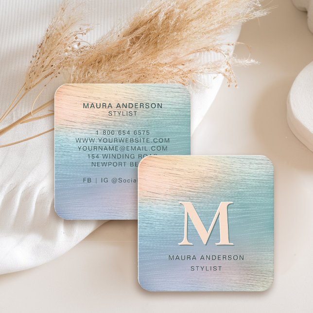 Holografisk Elegant av borstad, modern monogram Fyrkantigt Visitkort (holographic business card square pink peach teal monogram hairdresser stylist lash nails make-up)