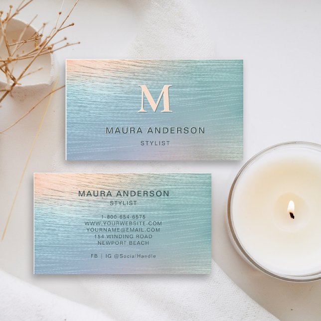 Holografisk Elegant av borstad, modern monogram Visitkort (holographic business card teal pink blush shimmer hairdresser stylist coach artist lash nails makeup)