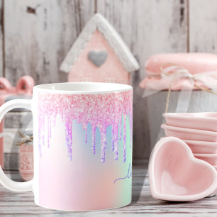 Holografisk encorn glitter droppar regnbågsmonogra kaffemugg