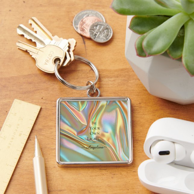 Holografisk estetik fyrkantig silverfärgad nyckelring (Skrivbord)