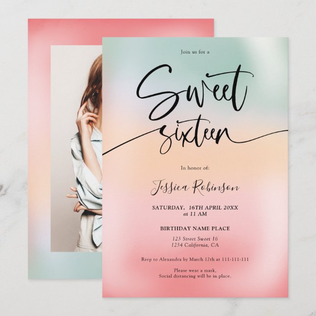Holografisk glass ombre rosa Sweet 16 Inbjudningar (Fram/baksida)