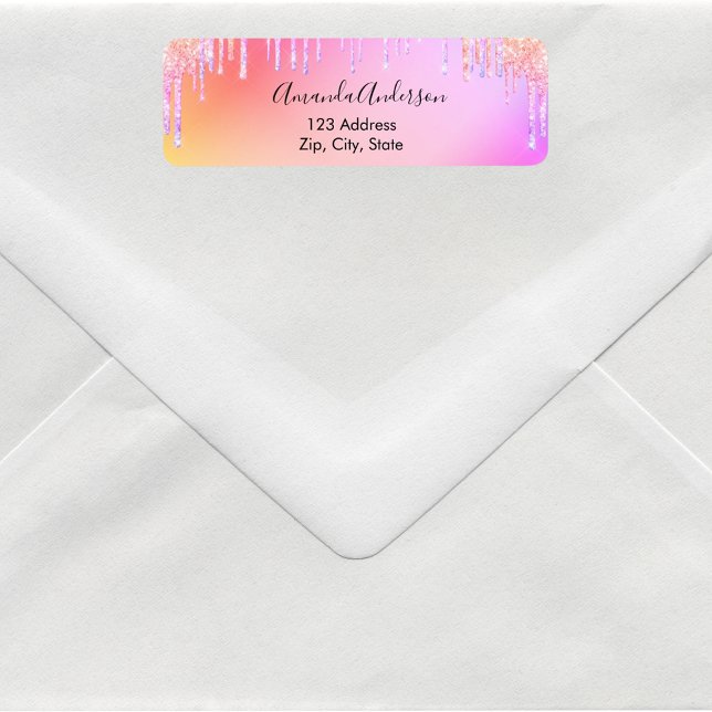 Holografisk glitter droppar enhörning returadress  etikett (Skapare uppladdad)