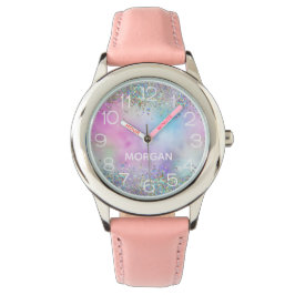 Holografisk Glitter Rainbow Pastels Monogram Namn Armbandsur