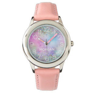 Holografisk Glitter Rainbow Pastels Monogram Namn Armbandsur