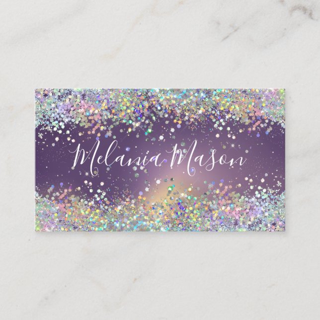 Holografisk glitter sminkartist lila elegant visitkort (Framsida)