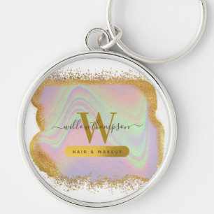 Holografisk Guld Glitter Modern Hair & Makeup Rund Silverfärgad Nyckelring