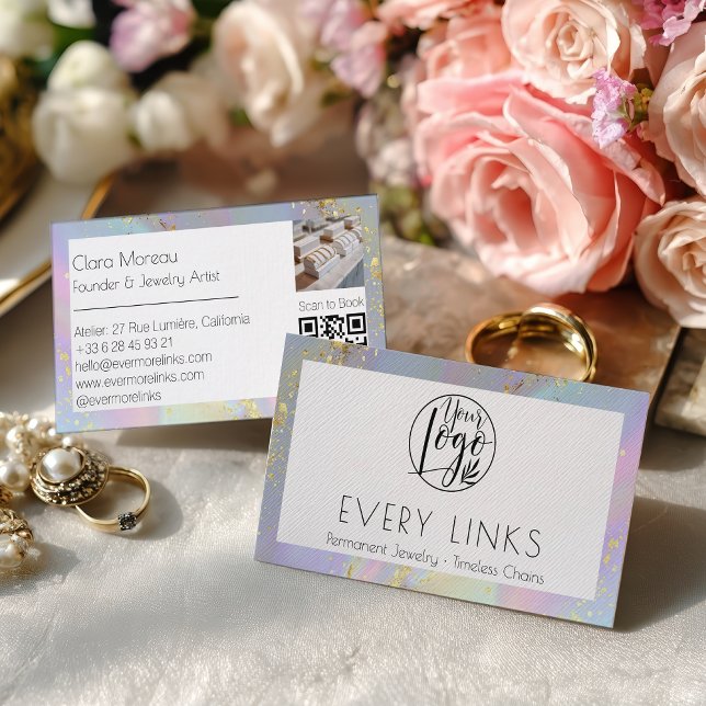 Holografisk Guld Marmor Permanent Smycken QR-kod Visitkort (Holographic Gold Marble Permanent Jewelry QR Code Business Card)
