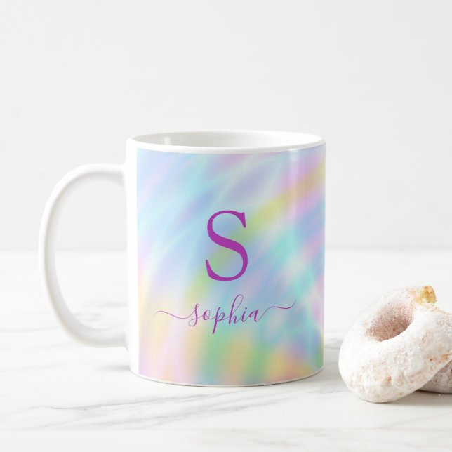 Holografisk iravcent Rainbow Monogram Namn Kaffemugg (Med munk)