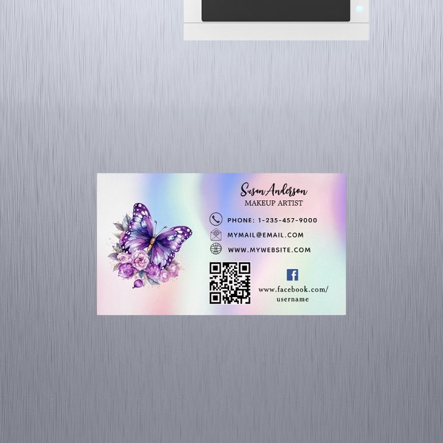 Holografisk lila butterfly QR-kod Facebook Magnetiska Visitkort (Skapare uppladdad)