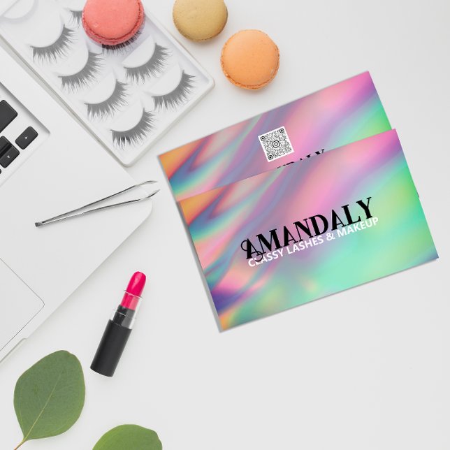 Holografisk Makeup Artist Eyelash QR LOGOTYP Guld Visitkort (Holographic Makeup Artist Eyelash QR LOGO Gold Business Card)