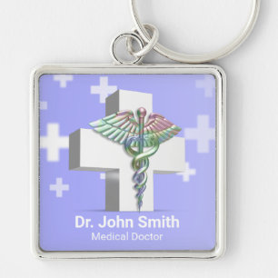 Holografisk medicin 3D Caduceus White Kor Fyrkantig Silverfärgad Nyckelring