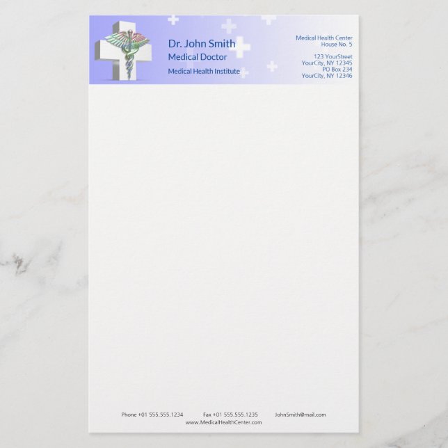 Holografisk Medicinsk 3D Kaduceus Vit Kors Brevpapper (Framsida)