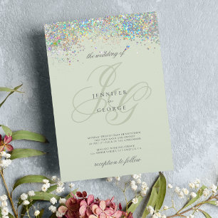 Holografisk mynta silver glitter initialer bröllop inbjudningar