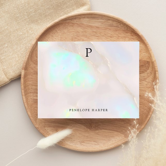Holografisk Opal Iridescent Monogram Chic Anteckningskort (Skapare uppladdad)
