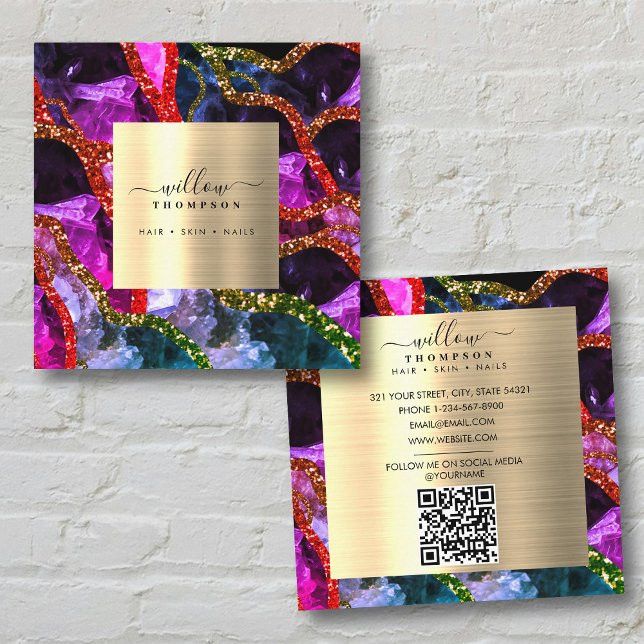 Holografisk opal Lila Geode Agate QR-kod Fyrkantigt Visitkort (Holographic Opal Purple Geode Agate QR Code Square Business Card)
