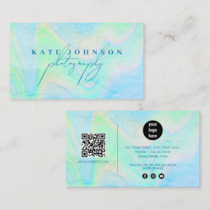 Holografisk opal, sten, marble Script QR-kod blå Visitkort