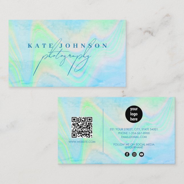 Holografisk opal, sten, marble Script QR-kod blå Visitkort (Fram/baksida)