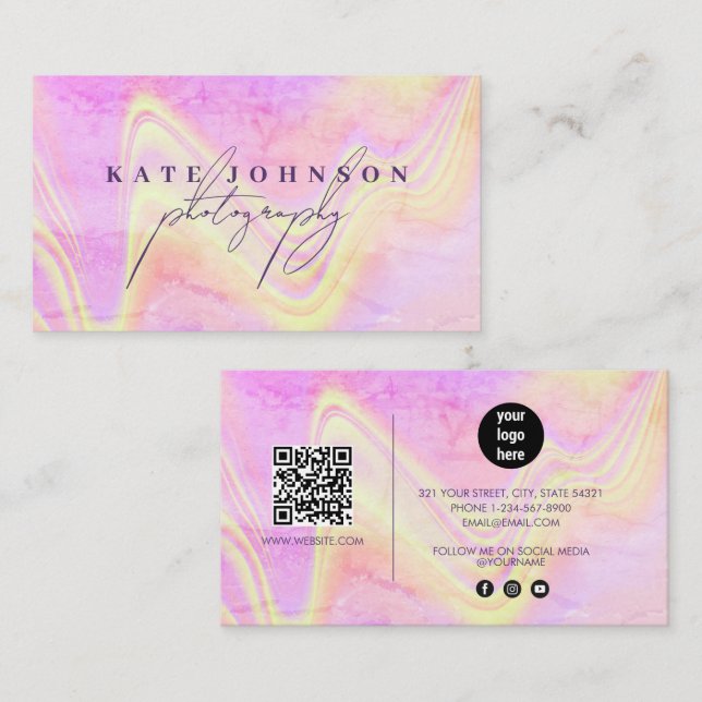 Holografisk opal stensträng, marble Script QR-kod Visitkort (Fram/baksida)