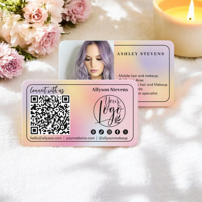 Holografisk pastel Social Media QR-kodsfoto-Logoty Visitkort (Holographic pastel Social Media QR Code Photo Logo Business Card)