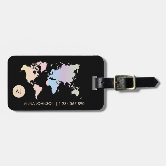 Holografisk pastel World Map Travel Monogram Namn Bagagebricka (Horisontell Framsida)