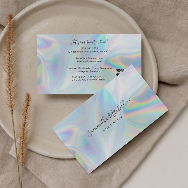 Holografisk QR-kod Beautician Makeup Artist Visitkort (Modern QR Code Holographic Script Euro Business Card)