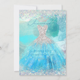 Holografisk Quinceanera Aqua Blå Akvarell Klänning Inbjudningar