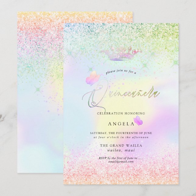 Holografisk Quinceanera Rosa Butterflies+Glitter Inbjudningar (Fram/baksida)