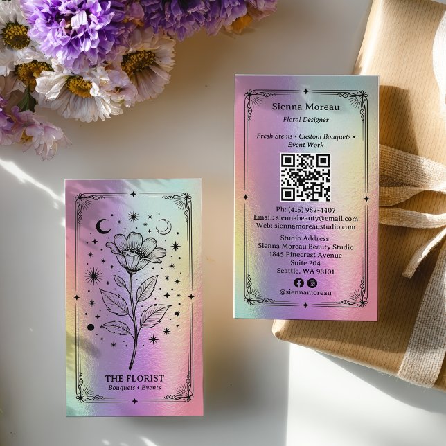 Holografisk regnbåge Celestial Tarot Florist QR Visitkort (Holographic rainbow Celestial Tarot Florist QR Business Card)