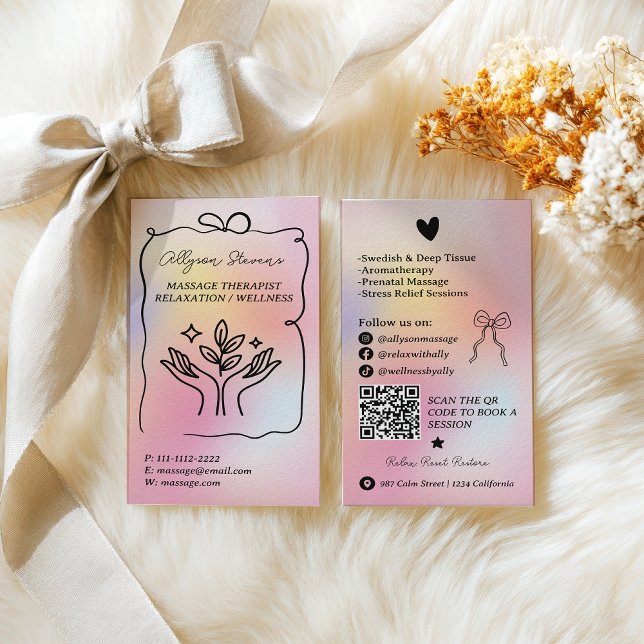 Holografisk regnbåge Massage Terapeut QR-kod Visitkort (Holographic rainbow Massage Therapist QR Code Business Card)