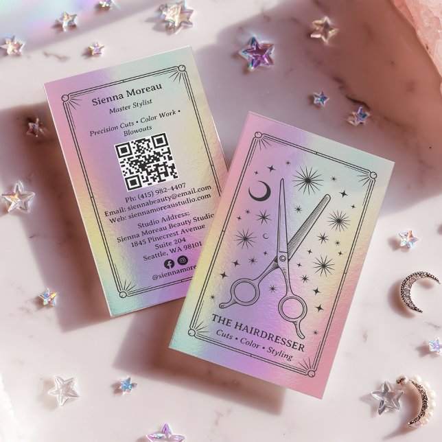 Holografisk Retro Celestial Tarot Frisör QR Visitkort (Holographic Retro Celestial Tarot Hairdresser QR Business Card)
