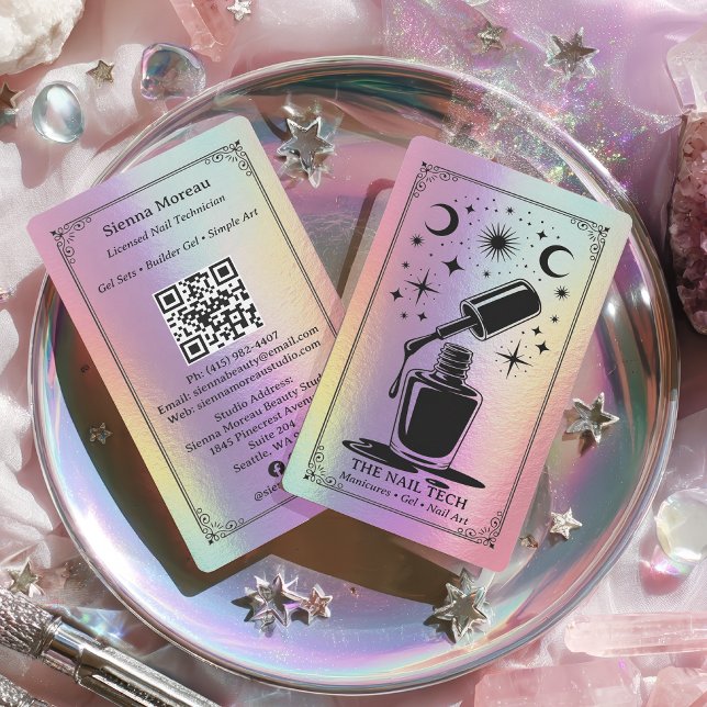Holografisk Retro Celestial Tarot Nagelkonstnär QR Visitkort (Holographic Retro Celestial Tarot Nail artist QR Business Card)