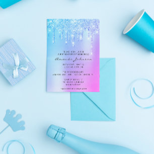 Holografisk Rosa Blå Glitter Effekt Drip Födelseda Inbjudningar