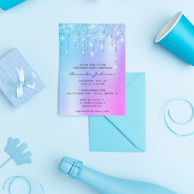Holografisk Rosa Blå Glitter Effekt Drip Födelseda Inbjudningar (Skapare uppladdad)