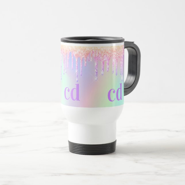 Holografisk rosa droppar monogram resemugg (Framsida höger)