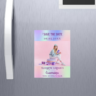 Holografisk rosa fotoQuinceanera Spara datum