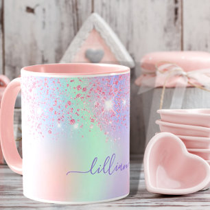 Holografisk rosa glitter lila grönt regnbåge namn mugg