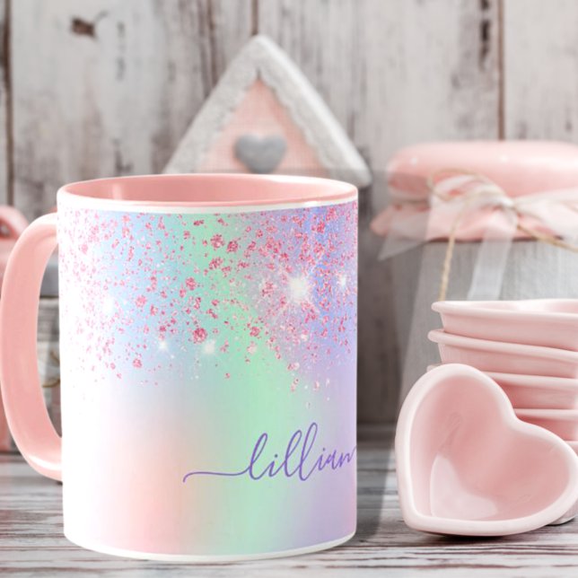 Holografisk rosa glitter lila grönt regnbåge namn mugg (Skapare uppladdad)